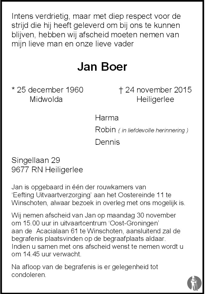 Familiebericht Jan Boer geboren 25-12-1960 - overleden  24-11-2015